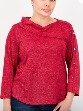 Sparkle Red Women's Sweater with Asymmetric Collar and Button-Trim Sleeve